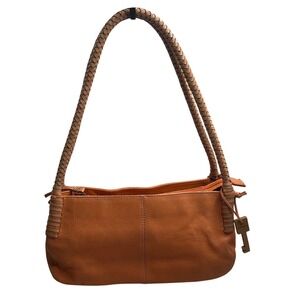 Fossil VTG Leather‎ Shoulder Bag Braided Handle Key Fob Y2K Purse Orange/Peach